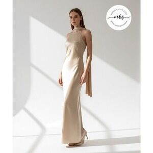 Cachet Vintage 90s Beaded Satin Sleeveless Maxi Gown Champagne Gold Dress 4